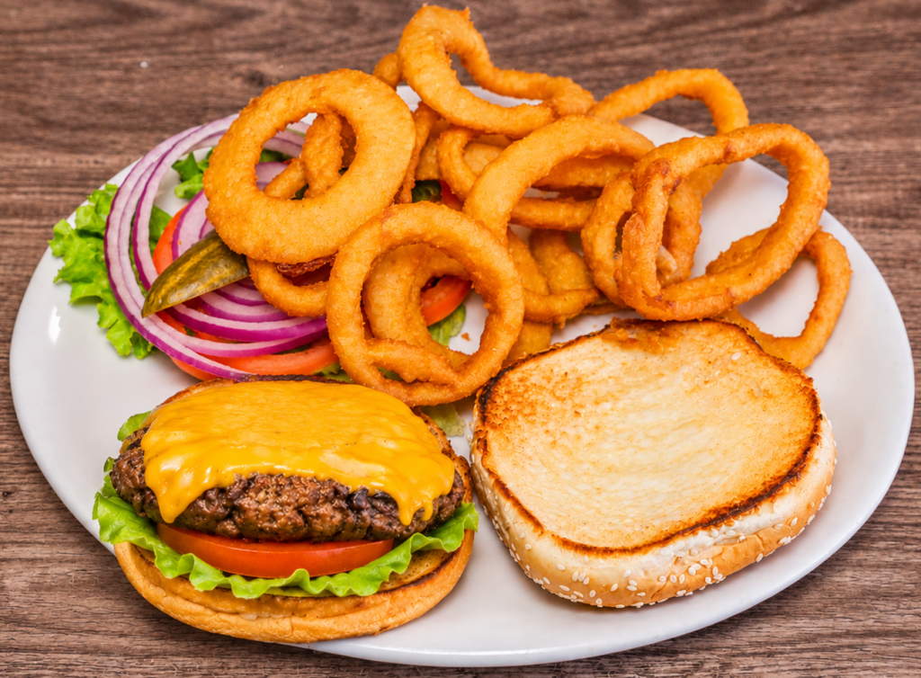 Deshawn Cheeseburger with melted cheese and onion rings at Good Day Café in Vallejo